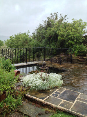 Safety hand-rails on a raised patio area (by Derbyshire Dales Engineering)